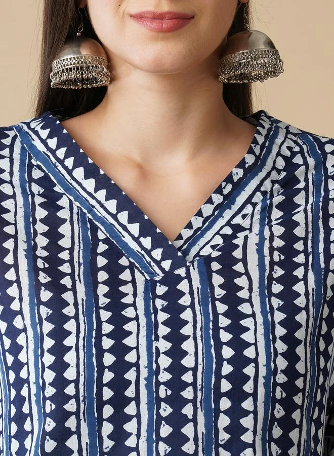 Globus  Women Blue Geometric Stripe Printed Straight Kurta and Pants Set for Women | Best Price UAE